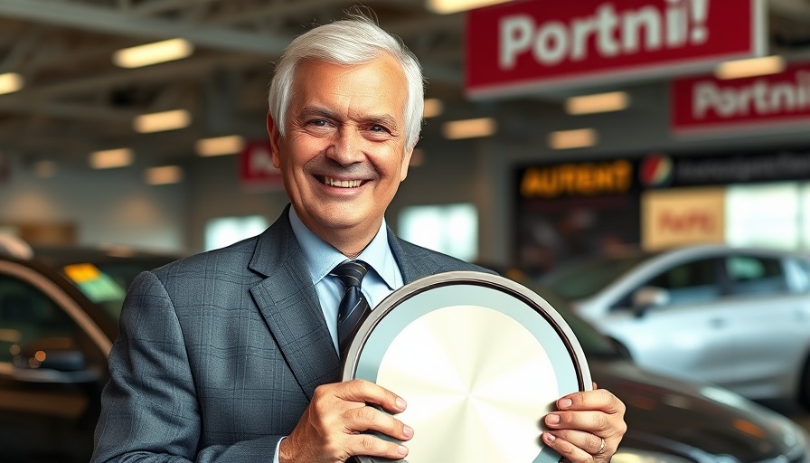 Older businessman showcasing award amidst motor trade setting.