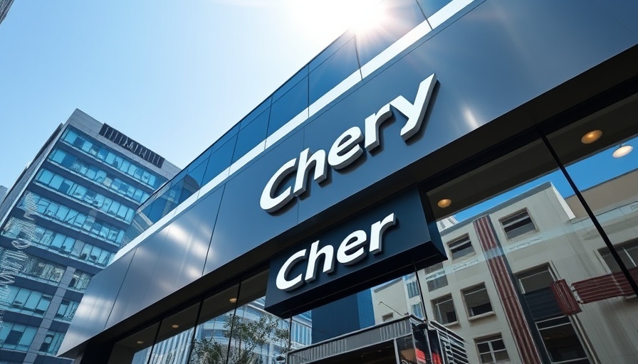 Chery logo on modern facade in UK partnership context.