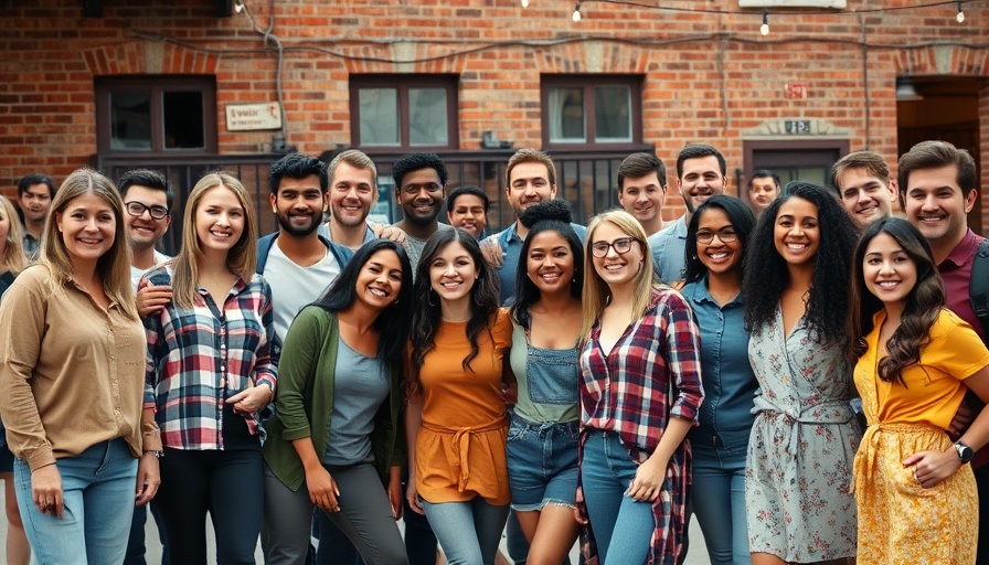 RRG Group employee loyalty gathering outside, smiling group photo.