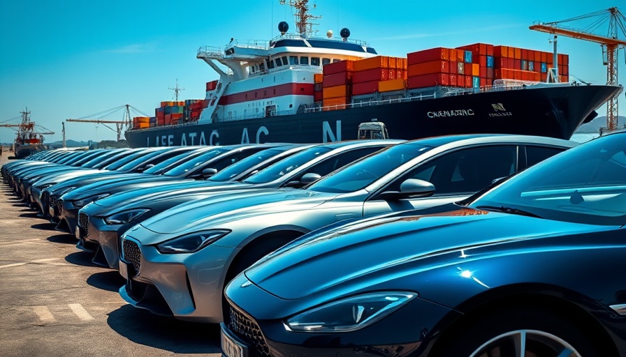 Modern cars in front of a large cargo ship, representing Changan UK dealer network expansion.