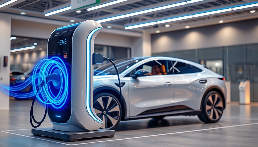 Modern electric vehicle charging station with blue energy swirls.