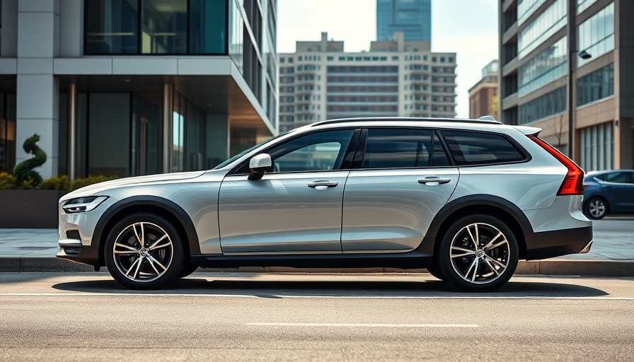 Sleek Volvo V90 Cross Country parked with city backdrop, photorealistic.
