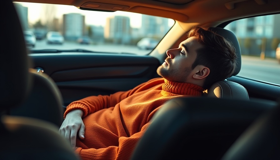 Relaxed man in luxury SUV interior with urban backdrop.