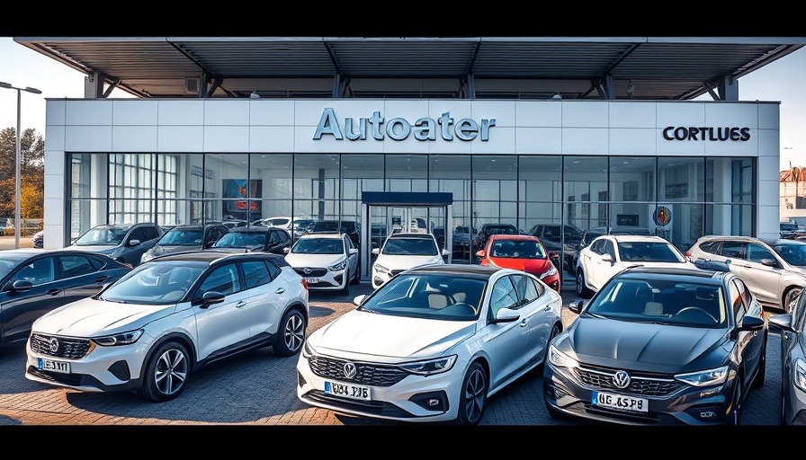 August new car sales, modern dealership front with new cars showcased.