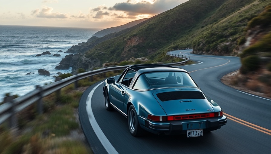 Classic 1986 Porsche 911 Targa speeding on a scenic coastal road.