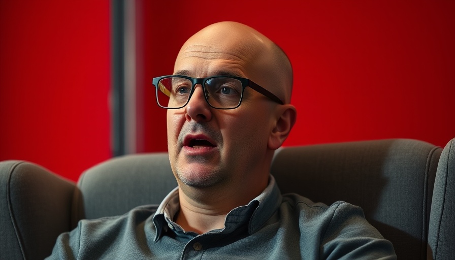 Bald man discussing AI in automotive sales with red backdrop.