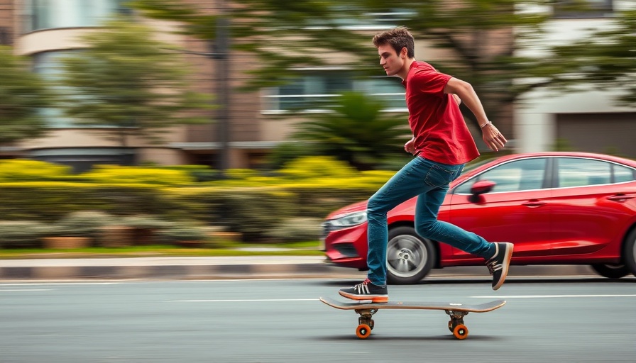 Young man skateboarding beside a red car, city street action.