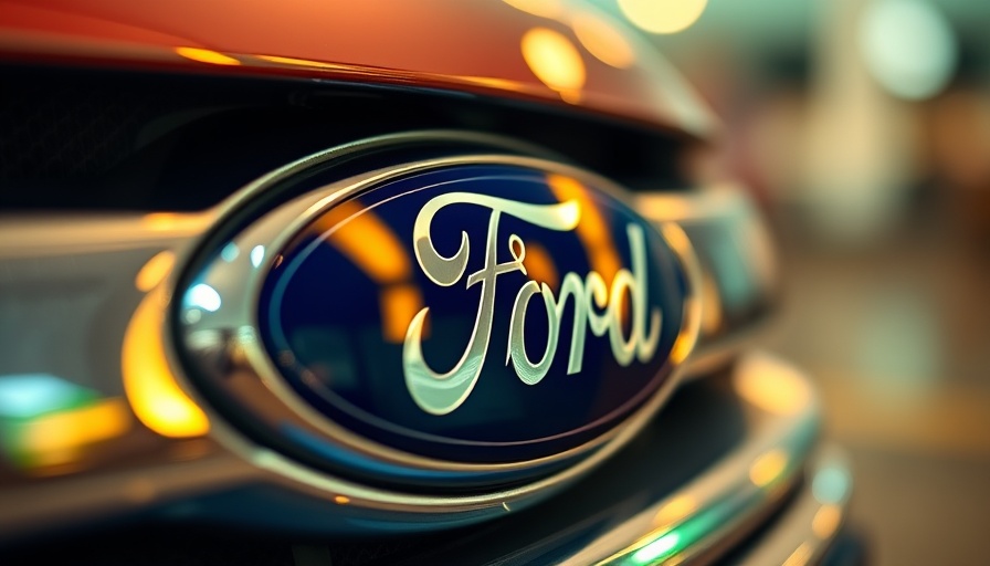 Close-up of Ford logo reflecting ambient light, macro shot.