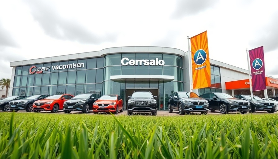 Tustain Motors dealership showcasing vehicles with vibrant displays.