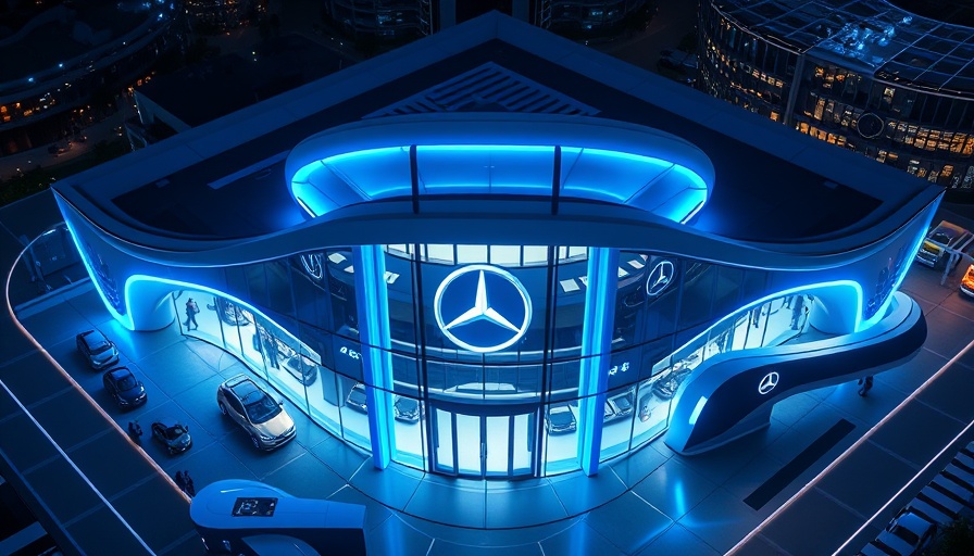 Futuristic Mercedes Benz showroom with illuminated logo in the UK.