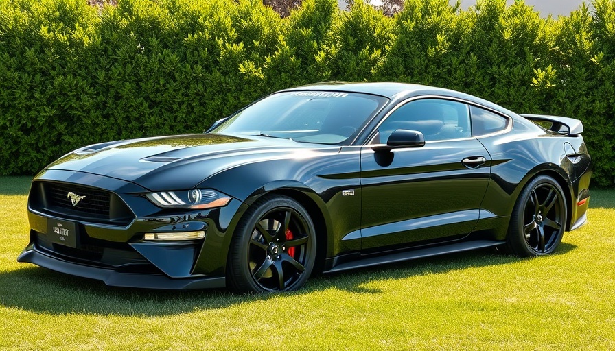 Modified Ford Mustang in UK parked on grass with green bush background.