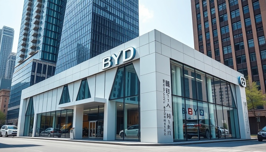 Modern BYD dealership building exterior in urban setting.