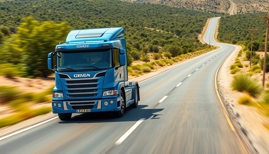 Blue truck racing down a country road, showcasing speed and motion blur.