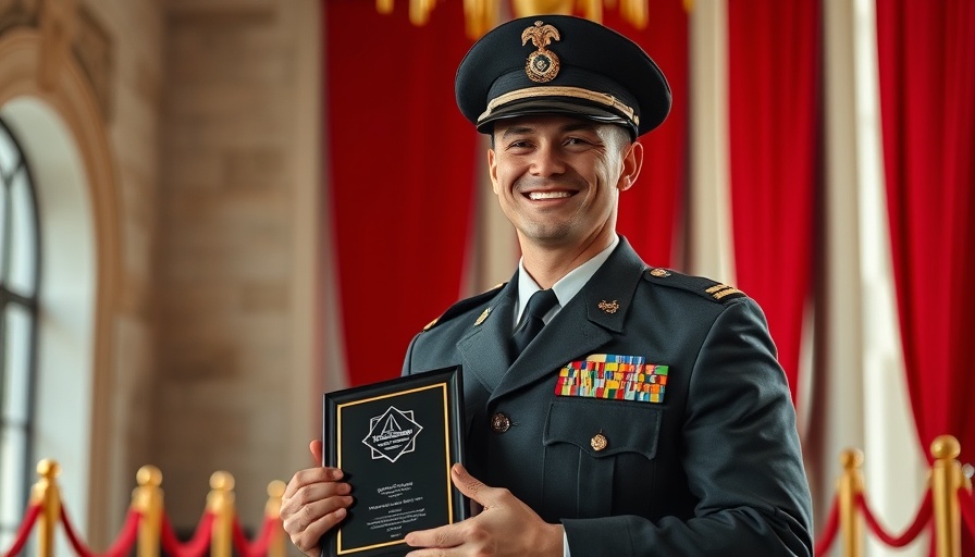 Smiling military veteran holding award in ceremonial setting; veteran job assistance programs