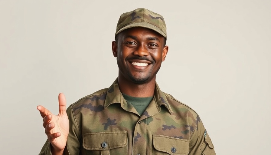 Smiling serviceman presenting confidently in camo uniform for Veteran Job Search Assistance.