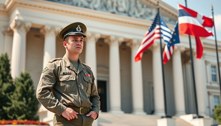Military officer advocating for veterans benefits at government building.