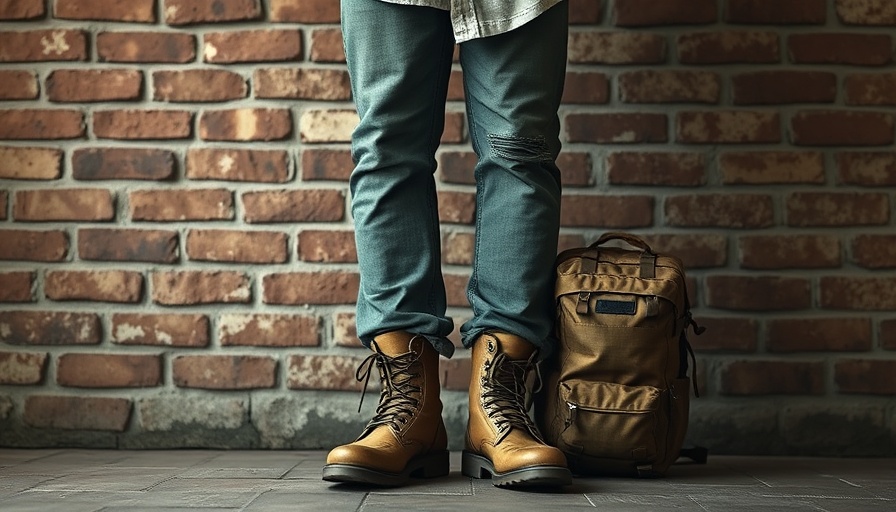 Casual attire with military gear and textured wall, symbolizing veterans career support.