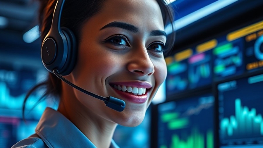 Dynamic contact receptionist with headset in a futuristic workspace, smiling and vibrant.