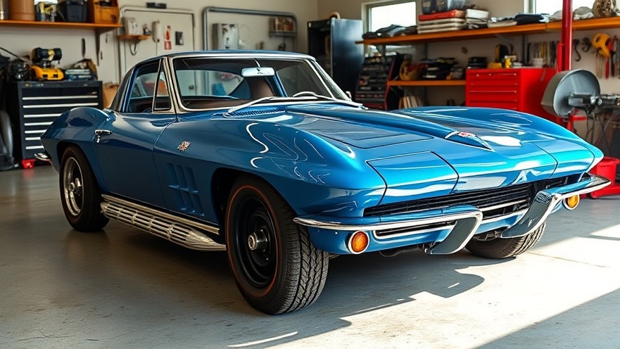 Partially assembled blue Corvette in a garage, showcasing classic car preservation.