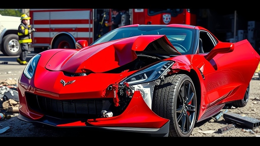 Red C8 Corvette Z06 with severe front damage at an emergency scene, highlighting driver responsibility.
