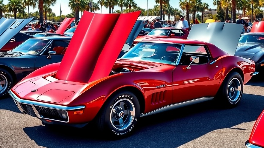 Sleek red C3 Corvette showcasing classic car restoration at a vibrant outdoor event.