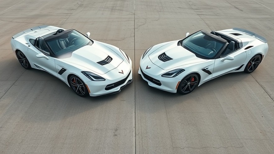 Two sleek white Corvettes showcasing luxury automobiles in a vibrant parking lot.
