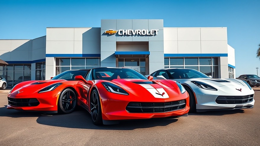 Corvette inventory displayed outside a Chevrolet dealership.