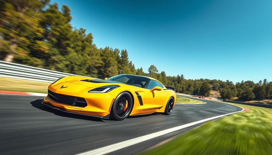 Corvette racing on track with scenic backdrop.
