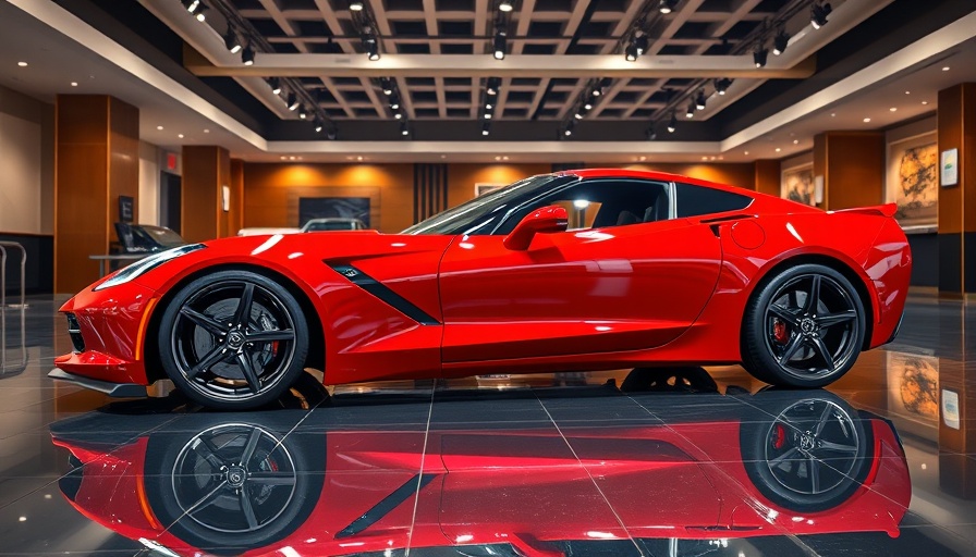 Corvette inventory showing a shiny red Corvette in a showroom.