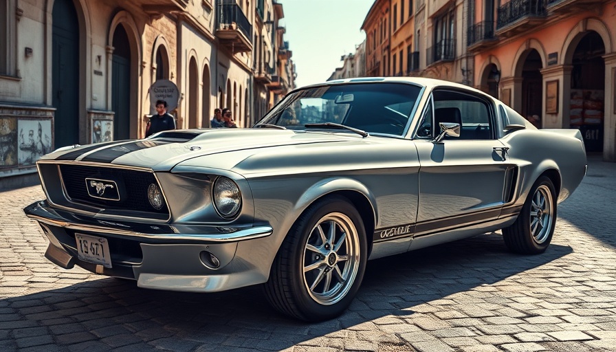 Classic Mustang restoration on historic street in sunlight