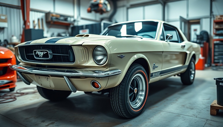 Classic Mustang restoration in a bright workshop, vibrant.
