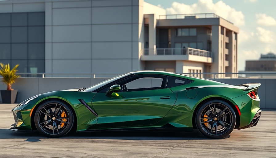 Sleek green sports car on rooftop, futuristic design