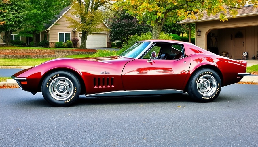 1968 Chevy Corvette in maroon color parked outdoors, autumn setting.