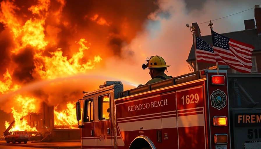 Firefighter battling flames for disaster relief in Redondo Beach.