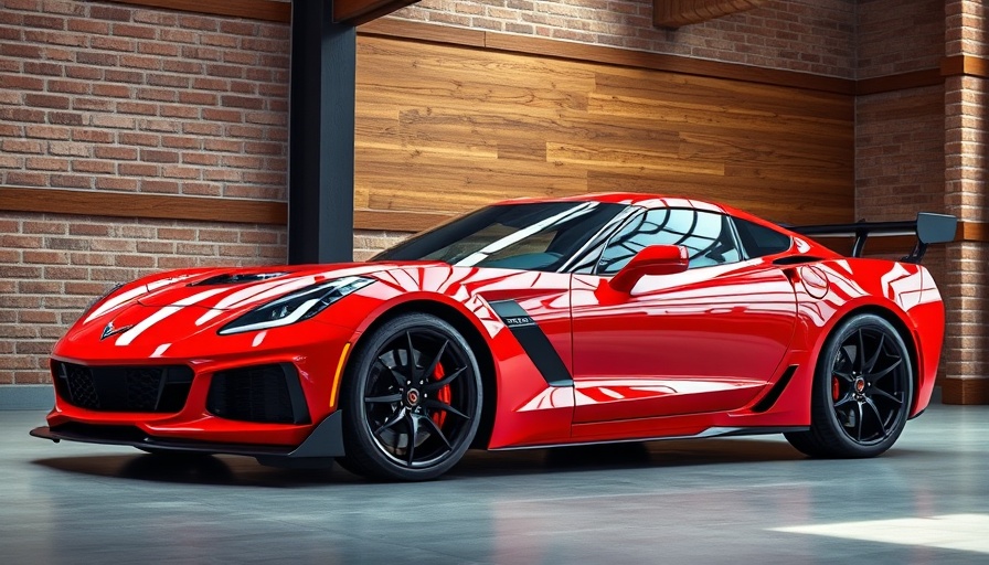 Sleek red Corvette ZR1 in a modern garage setting with ambient lighting.