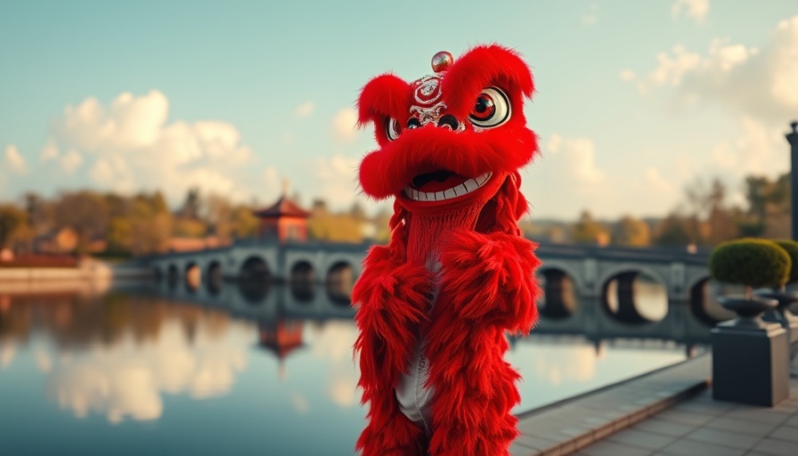 Vibrant lion dance by a pond during Lunar New Year celebrations.