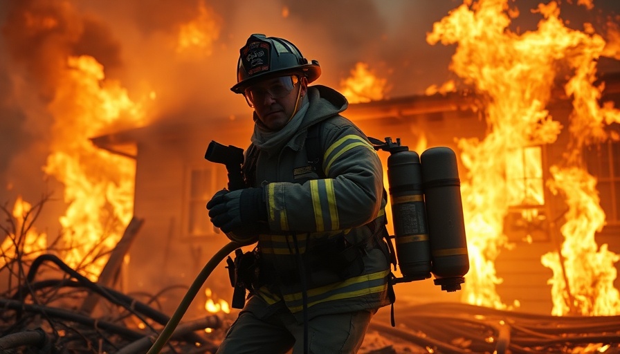 Firefighter confronting house fire during L.A. wildfire, intense scene.