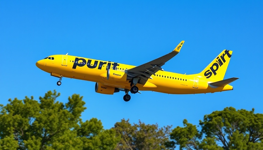 Spirit Airlines yellow plane landing over trees.
