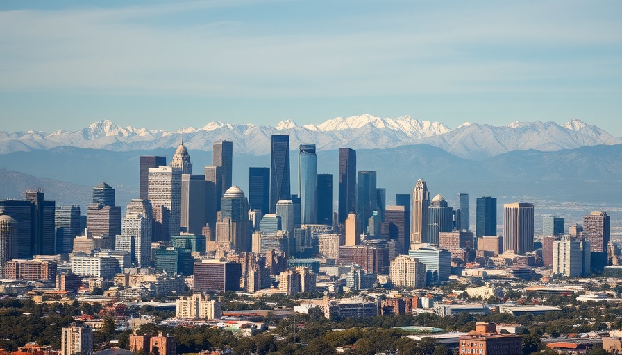 Los Angeles skyline showcasing urban growth and snowy mountains in background.