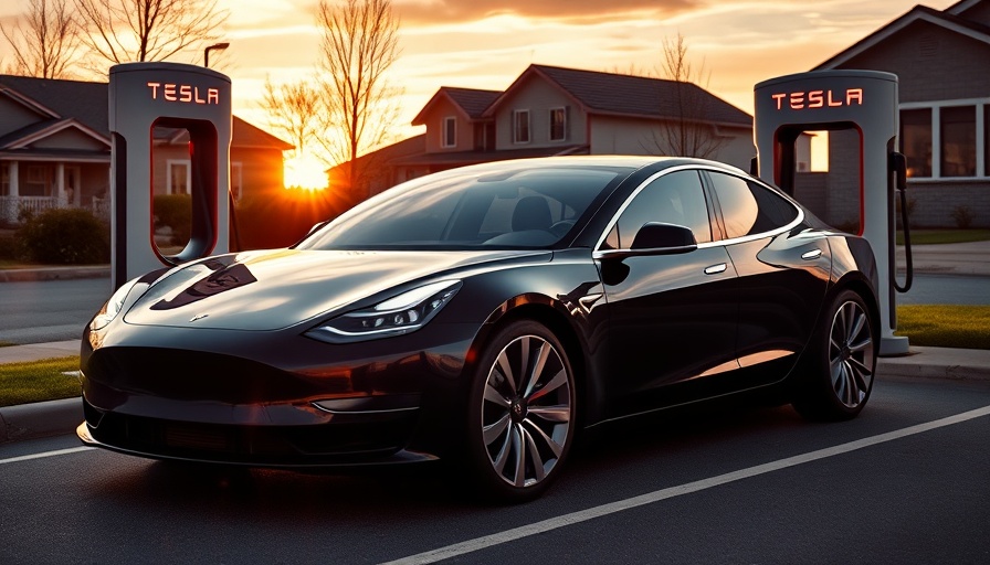 Tesla car at California EV charging station during sunset.
