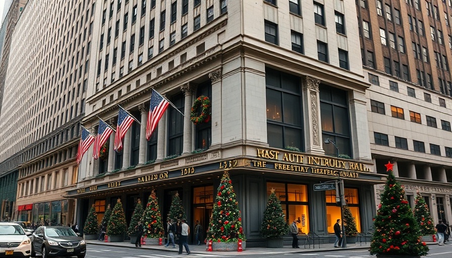 Historic building with flags and holiday decor during AI competition.