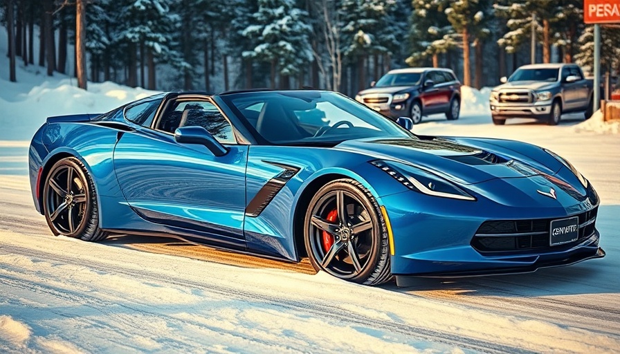 Sleek blue Corvette E-Ray parked on snowy road with forest backdrop.