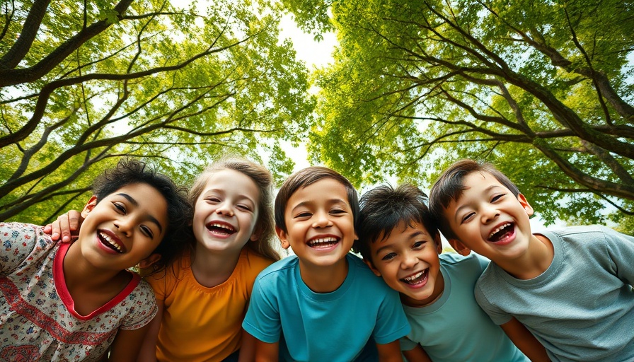 Diverse children smiling at South Bay Camps under tree canopy.