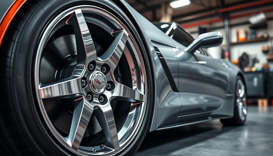 Polished Corvette Z06 wheel in workshop setting, detailed design.