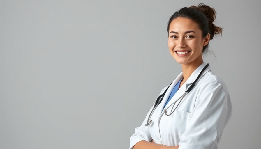 Professional female doctor smiling confidently, neutral background.