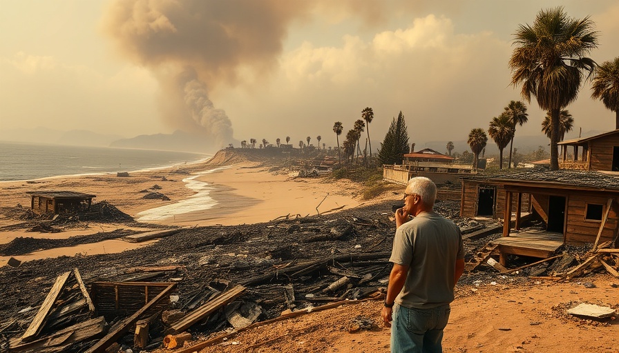 Wildfire insurance payouts aftermath on a devastated beachside area.