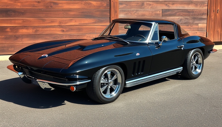Sleek black mid-year Corvette against wooden backdrop.
