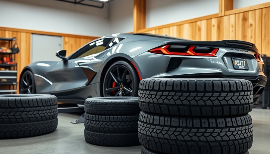 C8 Corvette tires displayed in a garage beside a lifted Corvette.