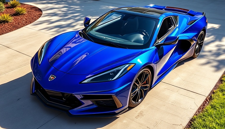C8 Corvette upgrades on a sleek blue Corvette parked in sunlight.