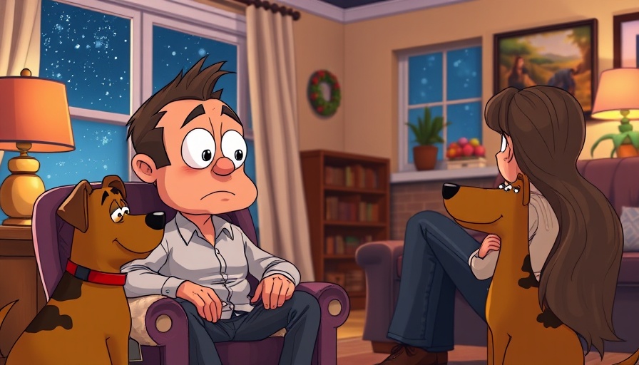 Humorous cartoon scene with a man, woman, and dog in a living room.